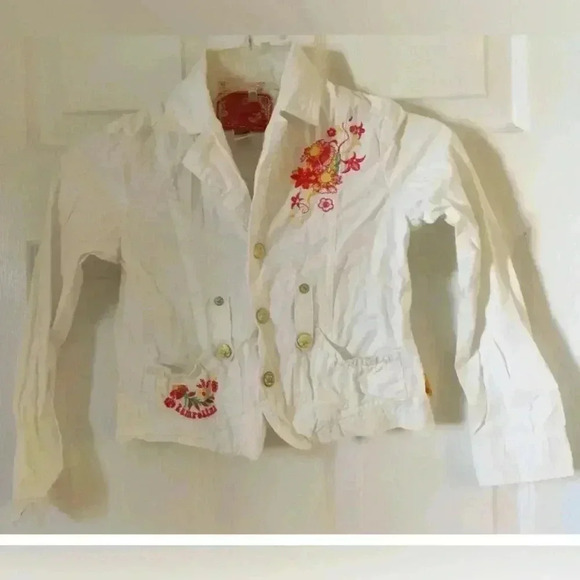 Girl PAMPOLINA white Pink Embroidered Snap Button L/s Floral Jacket Sz 7 EUC - Picture 1 of 4